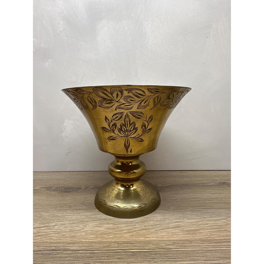 Vintage Solid Brass Floral Etched Footed Vase Planter, Made in India, 8x6.5 Inch
